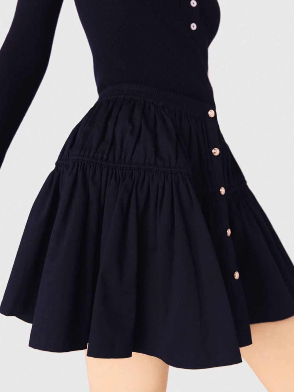 Maje Navy Button-Front Tiered Mini Skirt | Flowy Ruffle Hem | XS/S